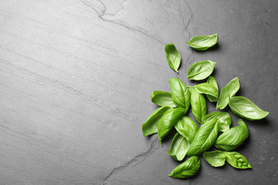 Fresh basil on grey table, flat lay. Space for text
