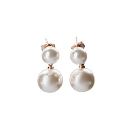 Elegant golden earrings with pearls on white background
