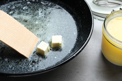 Photo of Melting butter in frying pan, closeup view