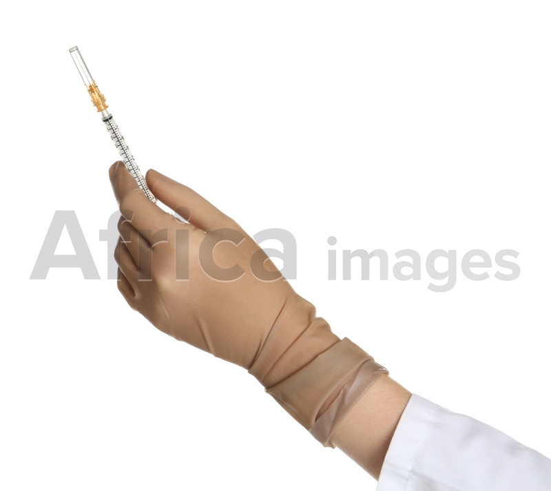 Doctor in medical glove holding syringe on white background
