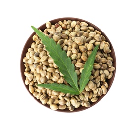 Bowl of hemp seeds with green leaf on white background, top view