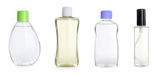 Set with bottles of baby oil on white background. Banner design