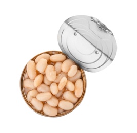 Tin can with conserved beans on white background, top view