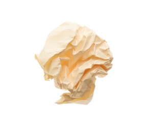 Crumpled sheet of beige paper isolated on white, top view