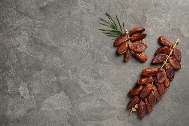 Branches with sweet dried dates on grey table, flat lay. Space for text