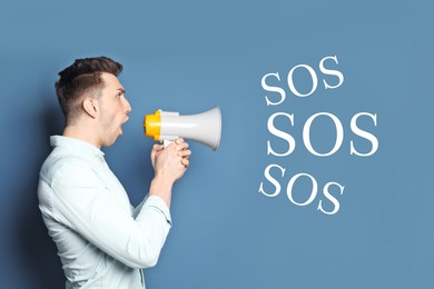 Man shouting into megaphone and words SOS on color background. Asking for help