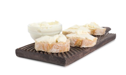Photo of Bread with cream cheese on white background