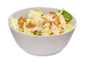 Photo of Delicious salad with Chinese cabbage, shrimps and mustard seed dressing isolated on white