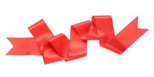 Photo of Beautiful red ribbon isolated on white, top view
