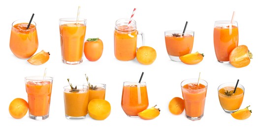 Set with tasty persimmon smoothies on white background. Banner design