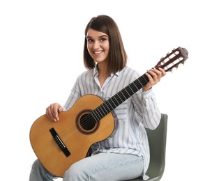 Music teacher playing guitar on white background