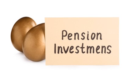 Many golden eggs and card with phrase Pension Investment on white background