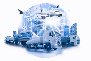Image of Logistics concept. Multiple exposure of different transports and world globe, toned in blue 
