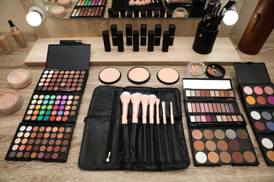 Professional makeup artists workplace with tools and cosmetic