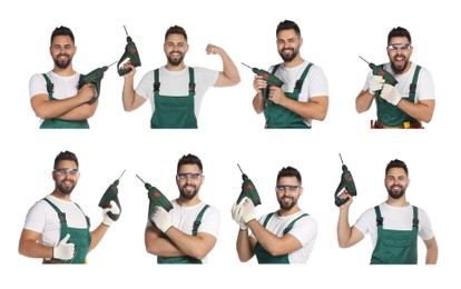 Collage with photos of young worker in uniform with power drill on white background