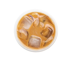 Takeaway plastic cup with cold coffee drink isolated on white, top view
