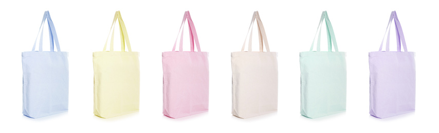 Set of colorful eco bags on white background. Banner design