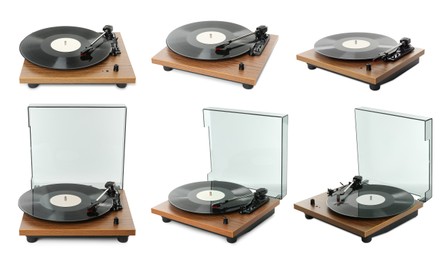 Turntables with vinyl records on white background, collage. Banner design