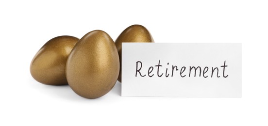 Many golden eggs and card with word Retirement on white background. Pension concept