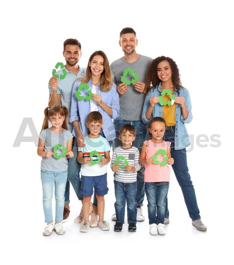 Group of people with recycling symbols on white background