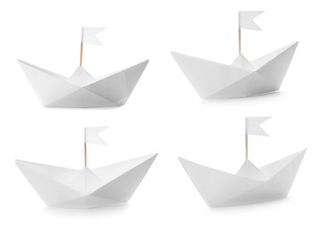 Paper boats with flags on white background, collage