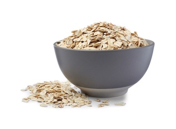 Raw oatmeal and grey bowl on white background