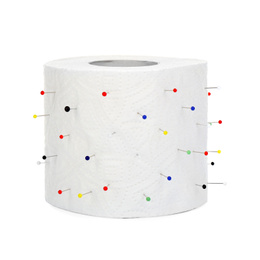 Roll of toilet paper with straight pins isolated on white. Hemorrhoid problems