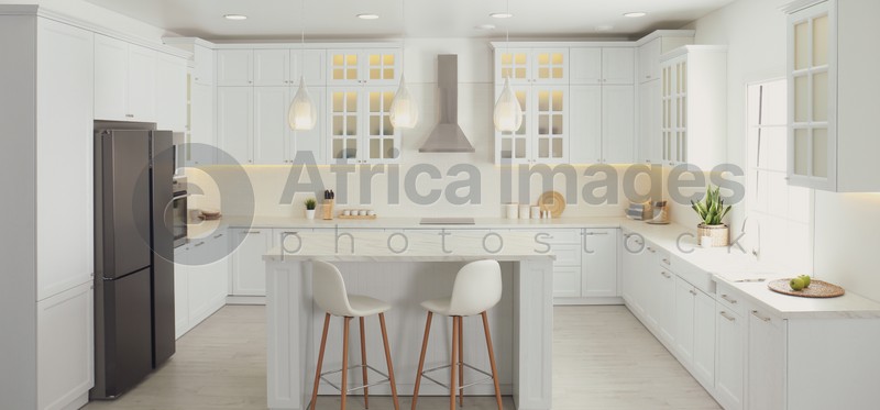 Image of Beautiful kitchen interior with new stylish furniture. Banner design