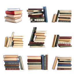 Collection of different retro books on white background