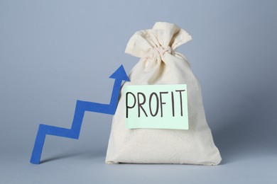 Economic profit. Money bag and arrow on light grey background