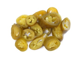 Photo of Slices of pickled green jalapenos on white background, top view