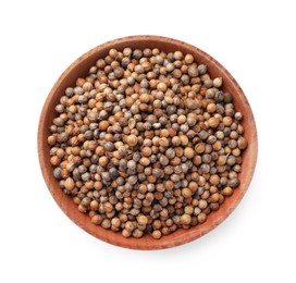 Wooden bowl of coriander grains on white background, top view