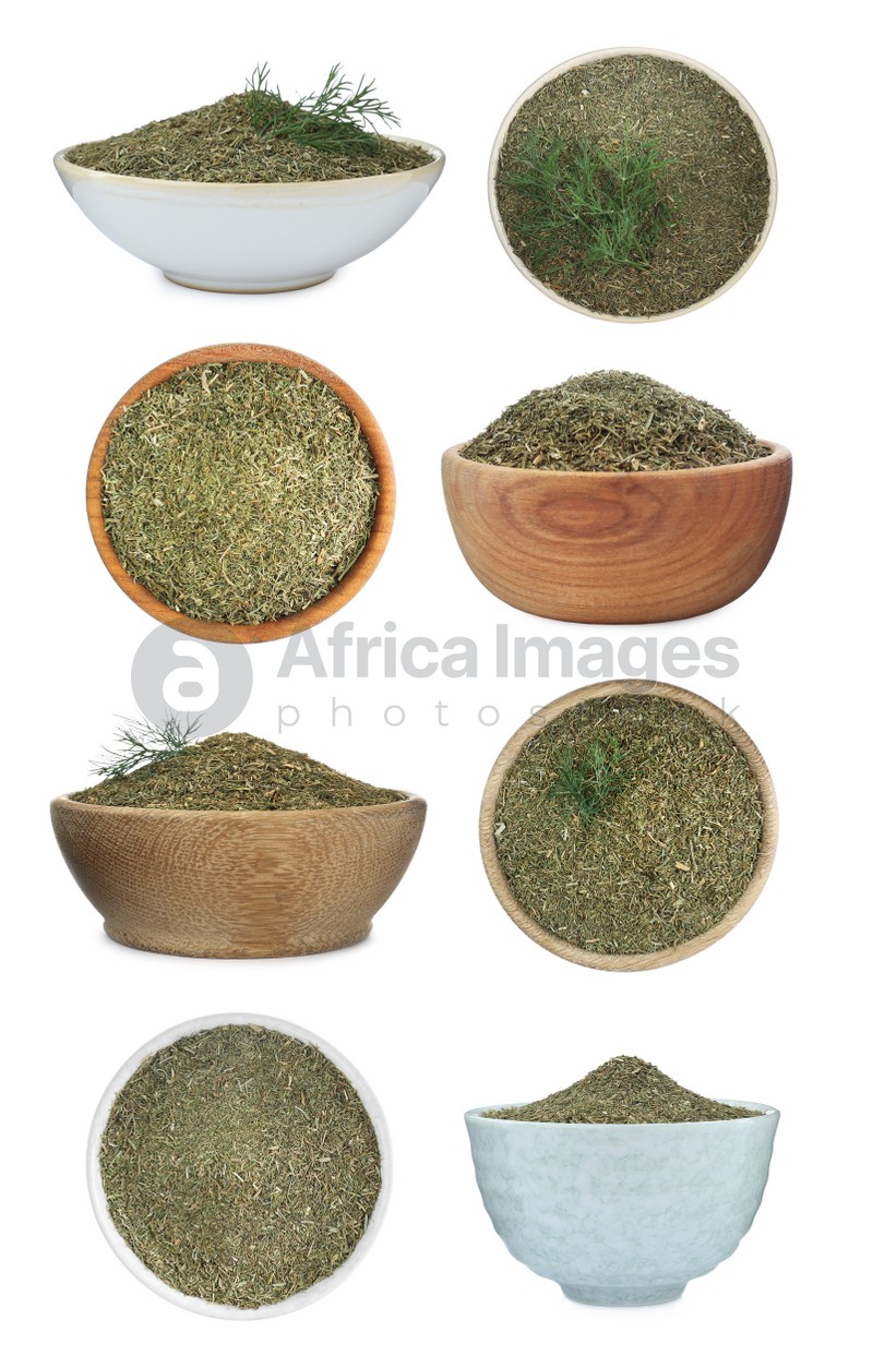 Bowls with dry dill on white background