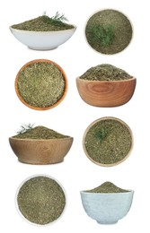 Bowls with dry dill on white background