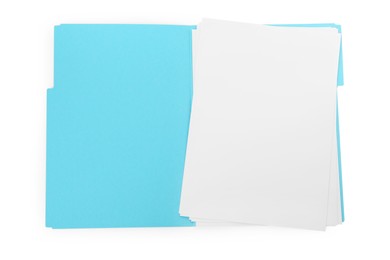 Light blue file with blank sheets of paper isolated on white, top view. Space for design