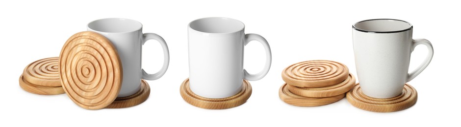 Set with stylish wooden cup coasters and mugs on white background. Banner design
