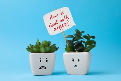 Potted houseplants with emotional faces and speech bubble saying How To Deal With Anger? on light blue background