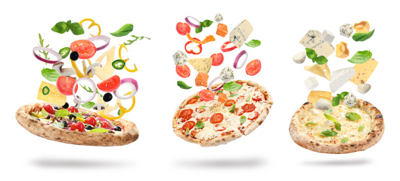 Set with delicious pizzas and flying ingredients on white background, banner design 