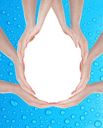 Men forming water drop with their hands on light blue background, space for text. Ecology protection