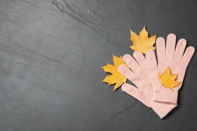 Stylish pink woolen gloves and dry leaves on black table, flat lay. Space for text