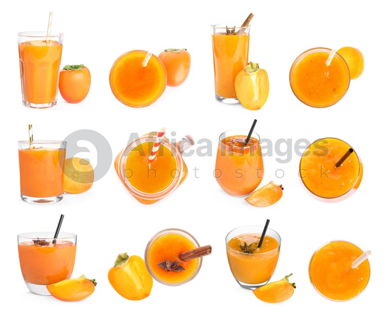 Set with tasty persimmon smoothies on white background