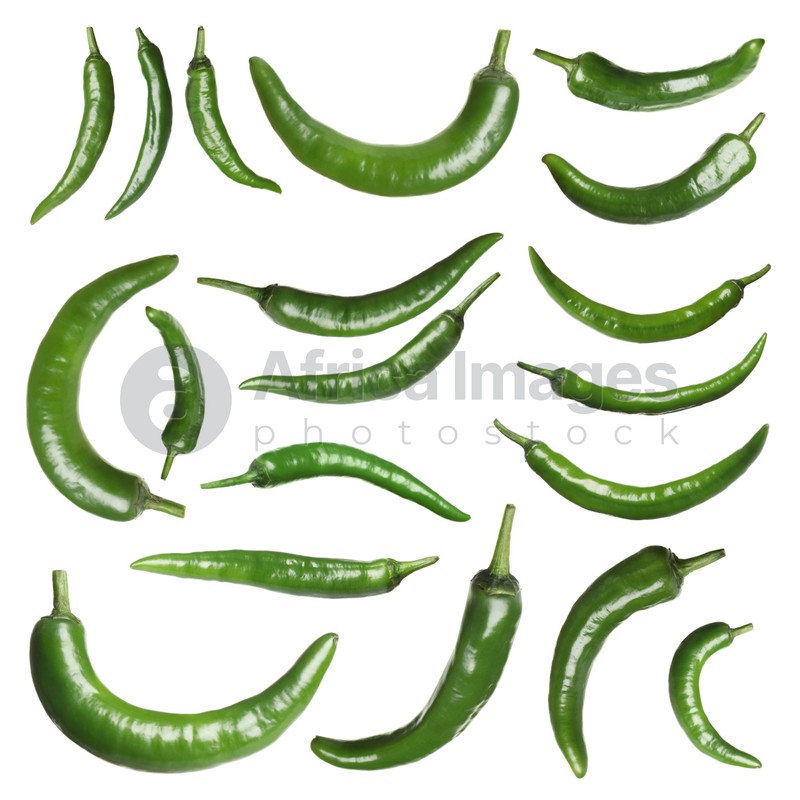Image of Set with green chili peppers on white background 