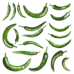 Image of Set with green chili peppers on white background 