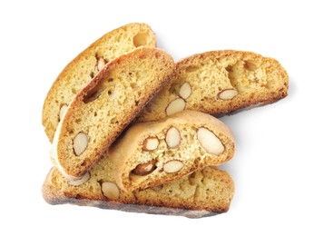 Photo of Slices of tasty cantucci on white background, top view. Traditional Italian almond biscuits