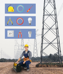 Set of tools over young electrician in field