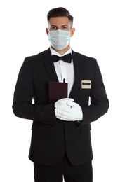 Waiter in medical mask with notepad on white background