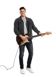 Man with electric guitar on white background. Music teacher