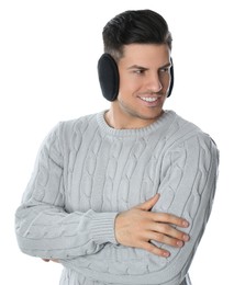 Man wearing stylish earmuffs on white background