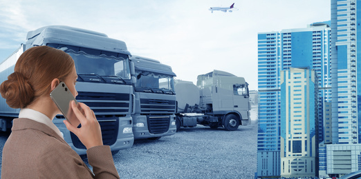 Logistics concept. Businesswoman with phone, banner design. Trucks and buildings on background, toned in blue