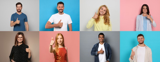 Image of Collage with photos of people showing thumbs up on different color backgrounds